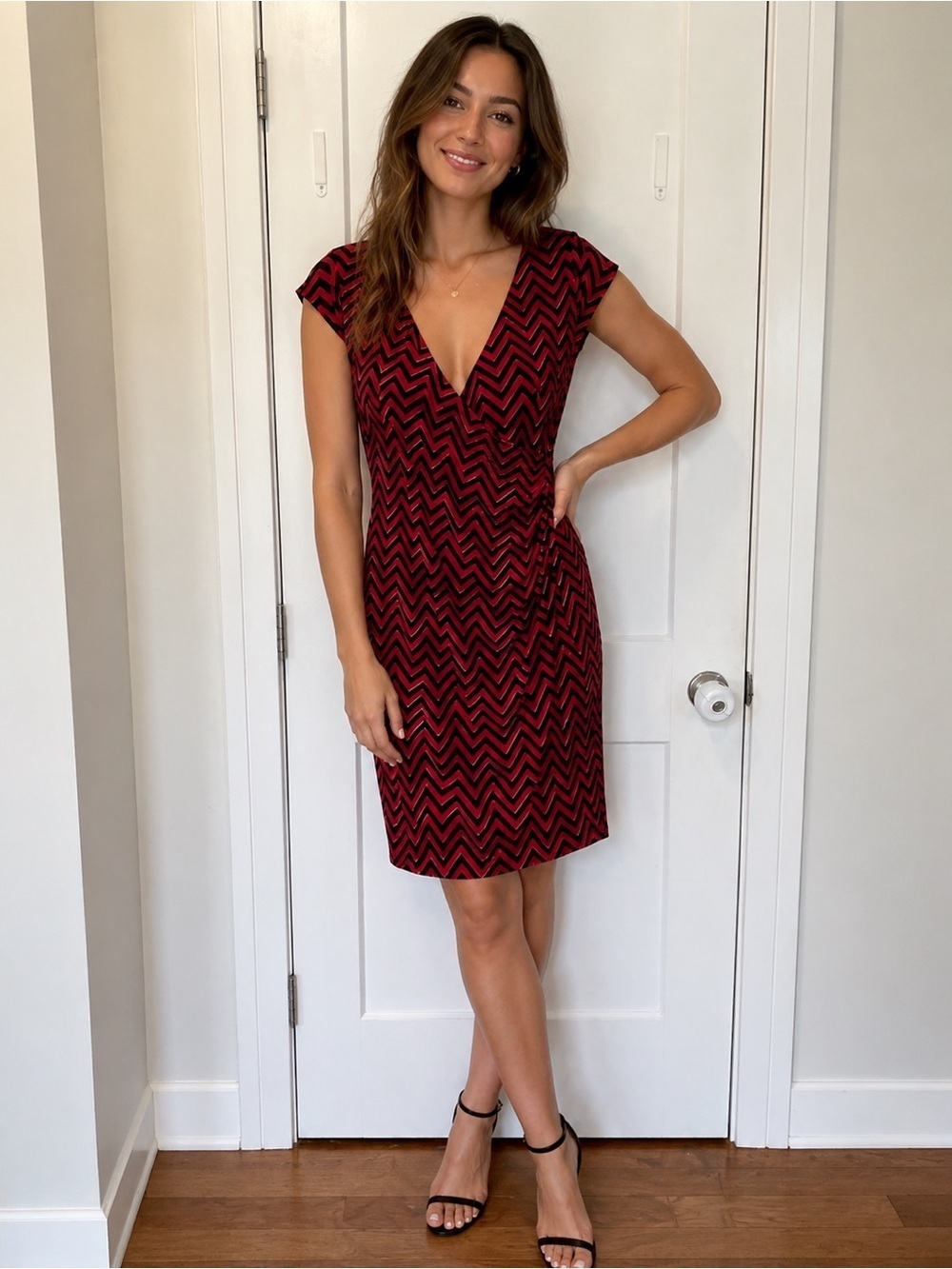 Lauren Ralph Lauren Red Black Chevron Faux Wrap Sleeveless Dress 2X Women’s